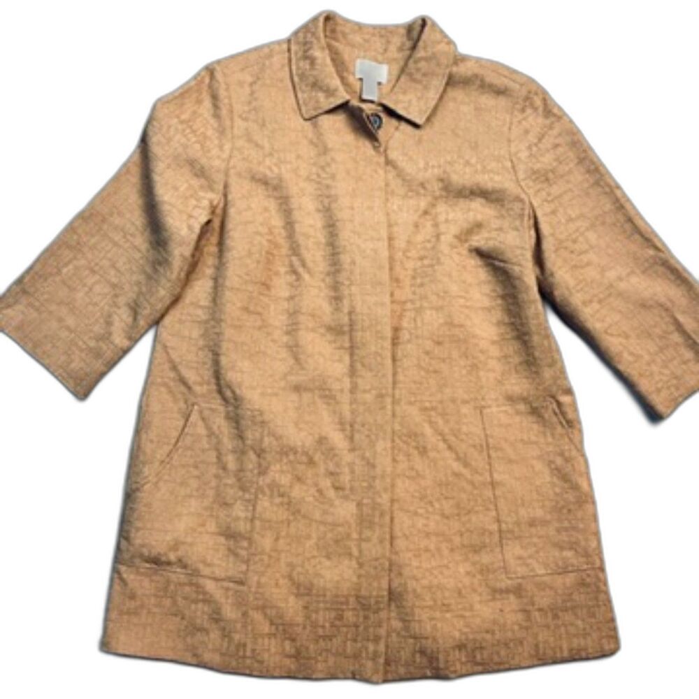 Chico's Jacquard Swing Coat Size 2 | Copper Gold Textured Jacket 3/4‎ Sleeve